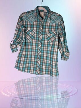 Panhandle Shirt Womens  Long Sleeve Snap Up Blue Plaid Embroidered Rodeo Sz S